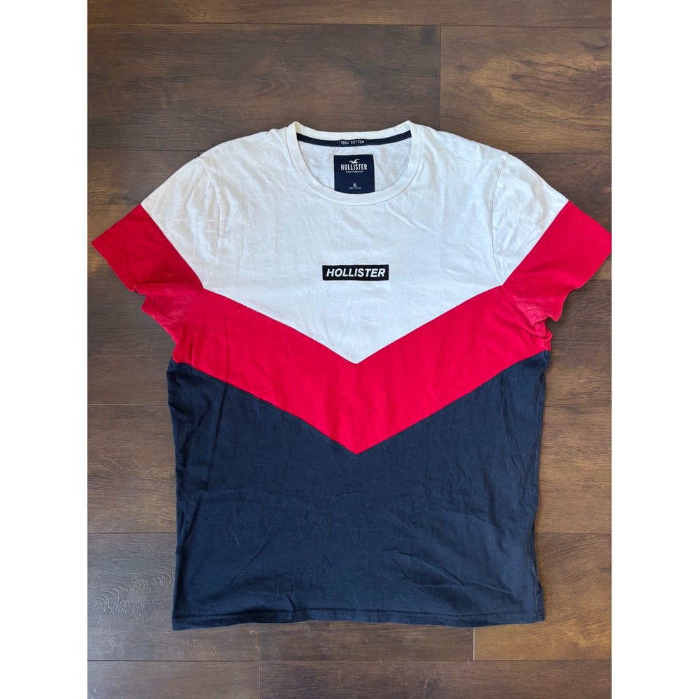 Hollister Mens XL Colorblock Chevron Logo‎ T-Shirt White Red Navy Blue 32302236